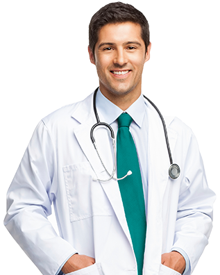 Smiling male doctor in white coat with stethoscope.